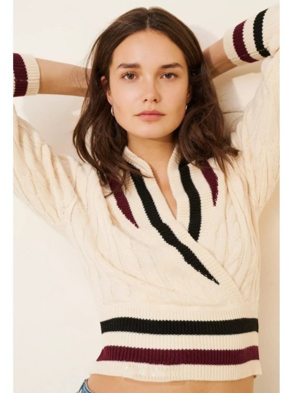 Steve Madden Women's Addison V-Neck Varsity Cable Sweater, XS